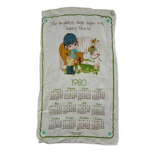 PRECIOUS MOMENT 1980 Vintage Linen Tea Towel Calendar Girl Horse Gibson Greeting